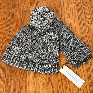Rebecca Minkoff NWT Black Marled Pom Pom Beanie and Arm Warmer Set